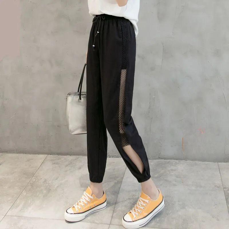 

Женские тонкие шаровары, летние дышащие спортивные штаны, укороченные брюки, быстросохнущие брюки длиной до щиколотки XL чёрный