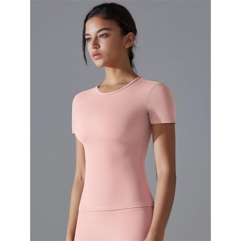 2025 Summer Pure Color Double-Sided Brushed High Elastic Tight Breathable Yoga Clothes Short Sleeve Sports Running Workout T-shirt Women