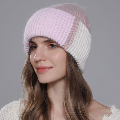 Novos chapéus de malha de emenda de cores da moda para mulheres, gorro de inverno com pele de coelho angorá quente para mulheres adultas