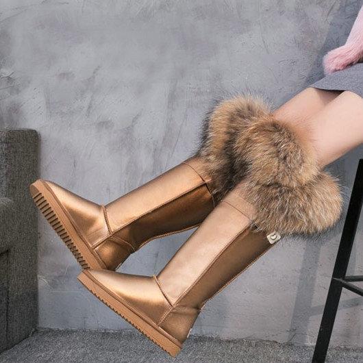 Fashion Fur One Real Fox Hair Over The Knee Boots Inside Elevating Women'S Boots Long Boots Super High Leather Waterproof Snow Boots