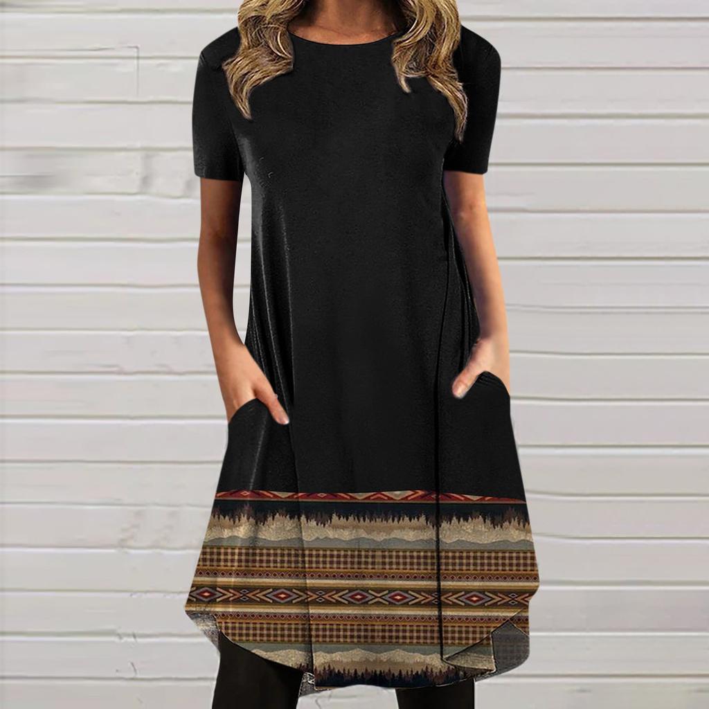 Women's Fashionable Casual Ethnic Printed Retro Round Neck Short Sleeve Dress