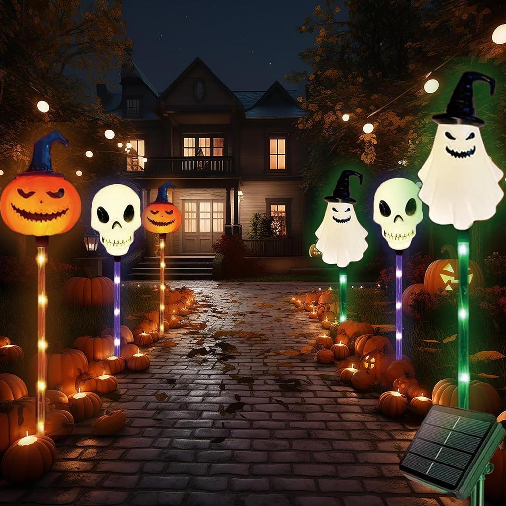 Halloween Garden Pumpkin and Ghost 8 Automatic LED Stylish Decor for Creating Garden Gift Lights, 6-Pack Lights, Solar-Powered, Modes, Outdoor,