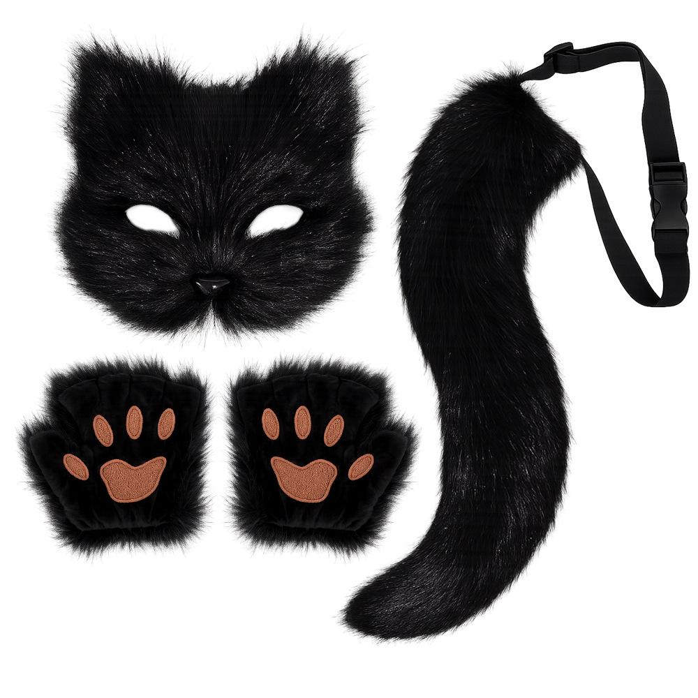 Faux Fur Cat Fox Mask Tail Paw Gloves Set Therian Costume Kit for Women Girls Adult Halloween Cosplay Masquerade Party