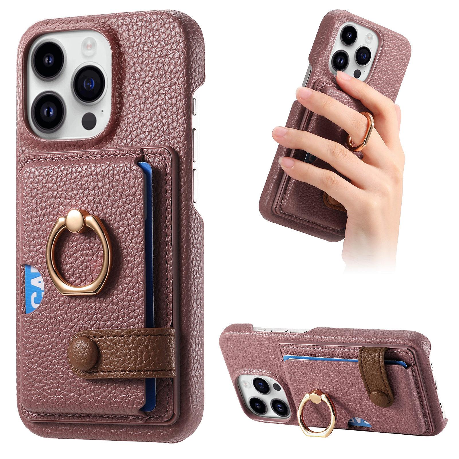

Y2 For iPhone 16 Pro Max Case Ring Holder Kickstand Card Slot Leather Phone Back Cover Date Apricot