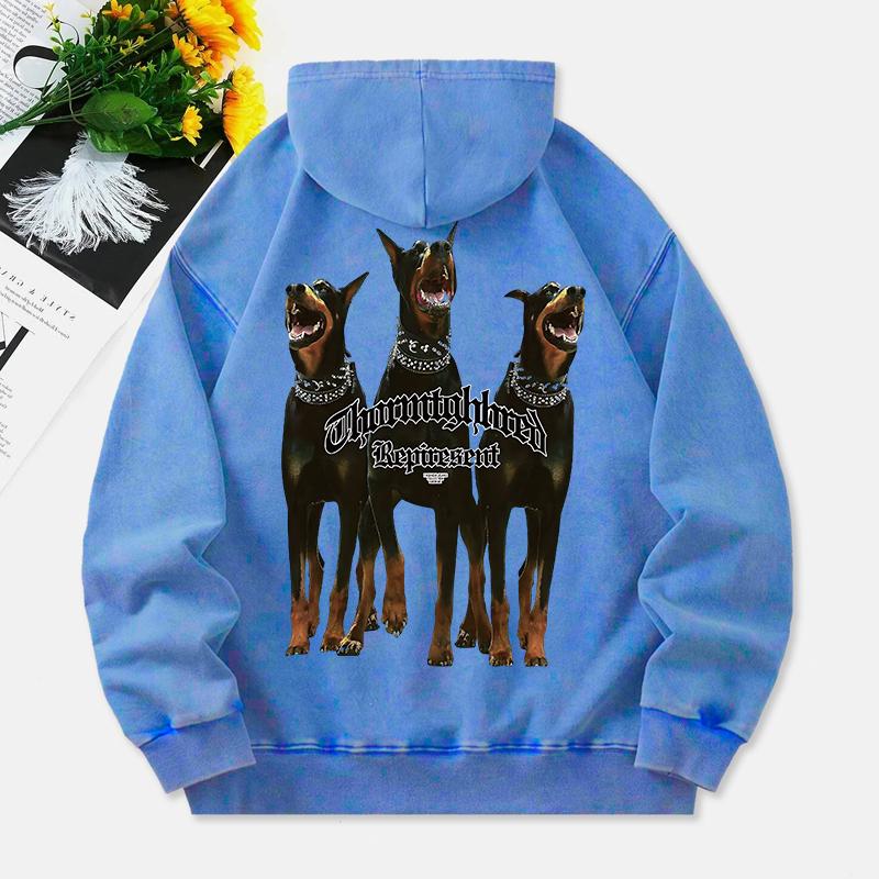 Dobermann Pinscher Gewaschene Hoodies Damen 3 Hunde Druck Baumwolle Streetwear Übergröße Tasche Warm Damen Kleidung