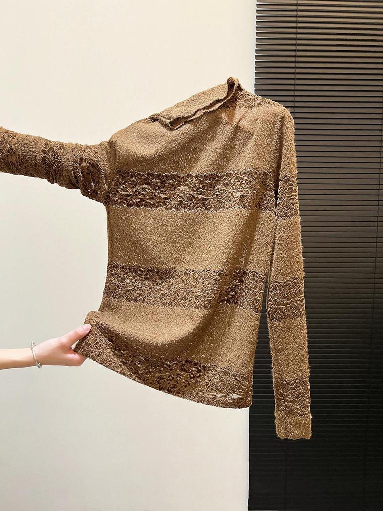 Gradient Lace High-Neck Long Sleeve Top - Chic Autumn/Winter Layering Cover-up