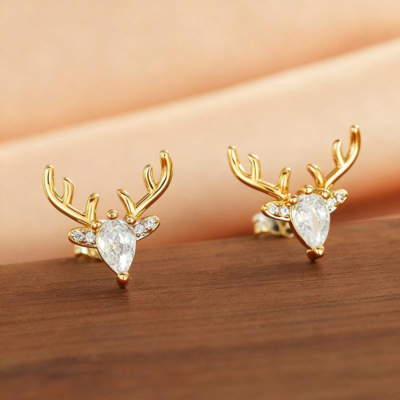 Exquisite Christmas Elk Stud Earrings Douyin New Christmas Wind Antlers, Slightly Inlaid With Water Droplets Zircon Earrings