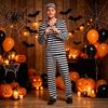 Halloween Cosplay Apparel Prisoner Costume for Adult, Women Striped Mini Dress, Men Top with Cuffs Pants, Dress-Up Jail Inmate Uniform Hat &