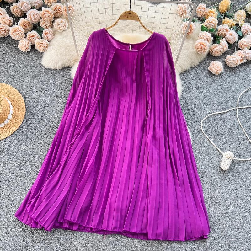 Vår Ny O-hals Kappe Kjoler Tungt Rynket Løs A-linje Kjole for Kvinner Y2k Middels lengde Rett Kvinnekjoler