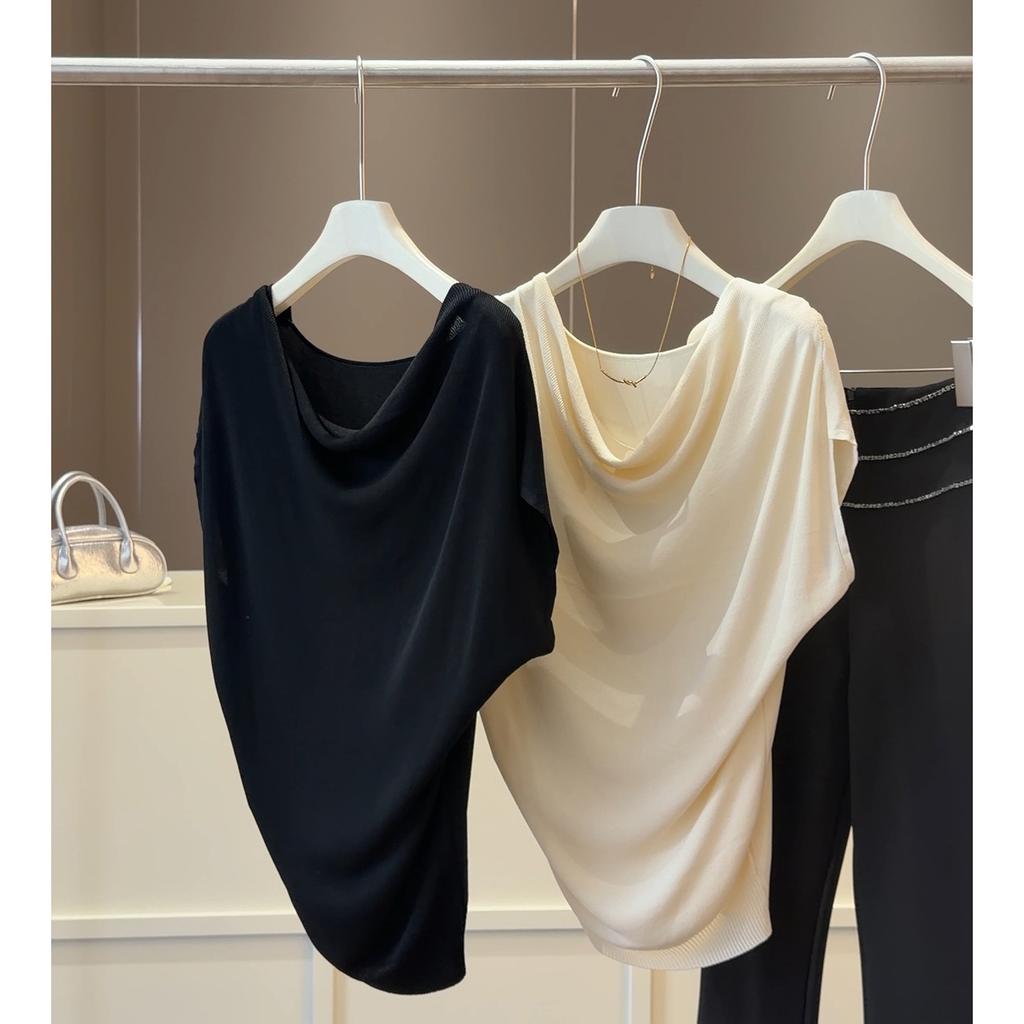 Women's Cowl Neck Batwing Sleeve Knit Top Slim Fit Elegant Commuter Top Solid Color Ice Silk Blouse