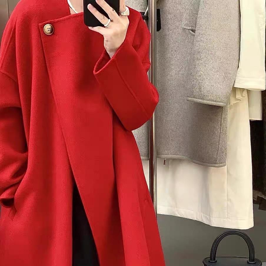 Designer Unregelmäßiger Ein-Knopf Doppelseitiger Chili-Roter Mantel
