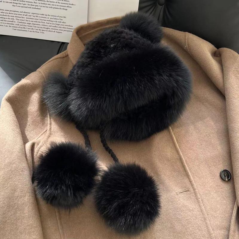 Mink Fur Hat Lei Feng Hat Natural Fur Hat With Fox Fur Ball With Ear Protection Winter Hat For Women Female Warm Knitted Hat