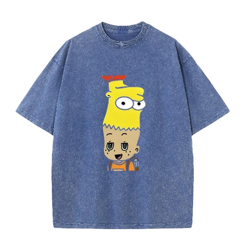 Mashup Cartoon Bart Simpson Print Vintage Washed T Shirt Black Casual Streetwear S разноцветный