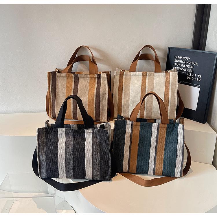 Women's Large Capacity Striped Canvas Tote Bag - Casual Shoulder Handbag