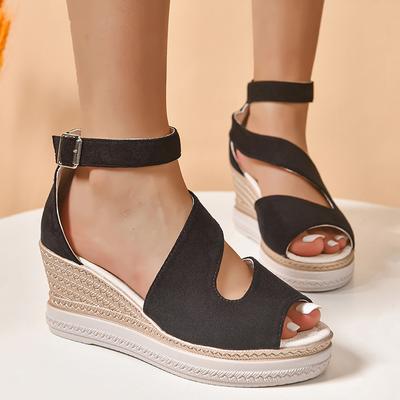 Peep Toe Platform Wedge Sandalen voor Dames Zwart Enkelbandje Uitgesneden Gladiator Sandalen Vrouw Zomer Dikke Zool Strand Schoenen