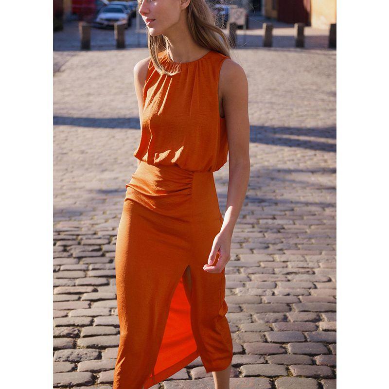 Summer New Product Women's Clothes Vacation Style Slit Hemline at Hem Ruched Decorative Sleeveless Midi Skirt Dress 2544324