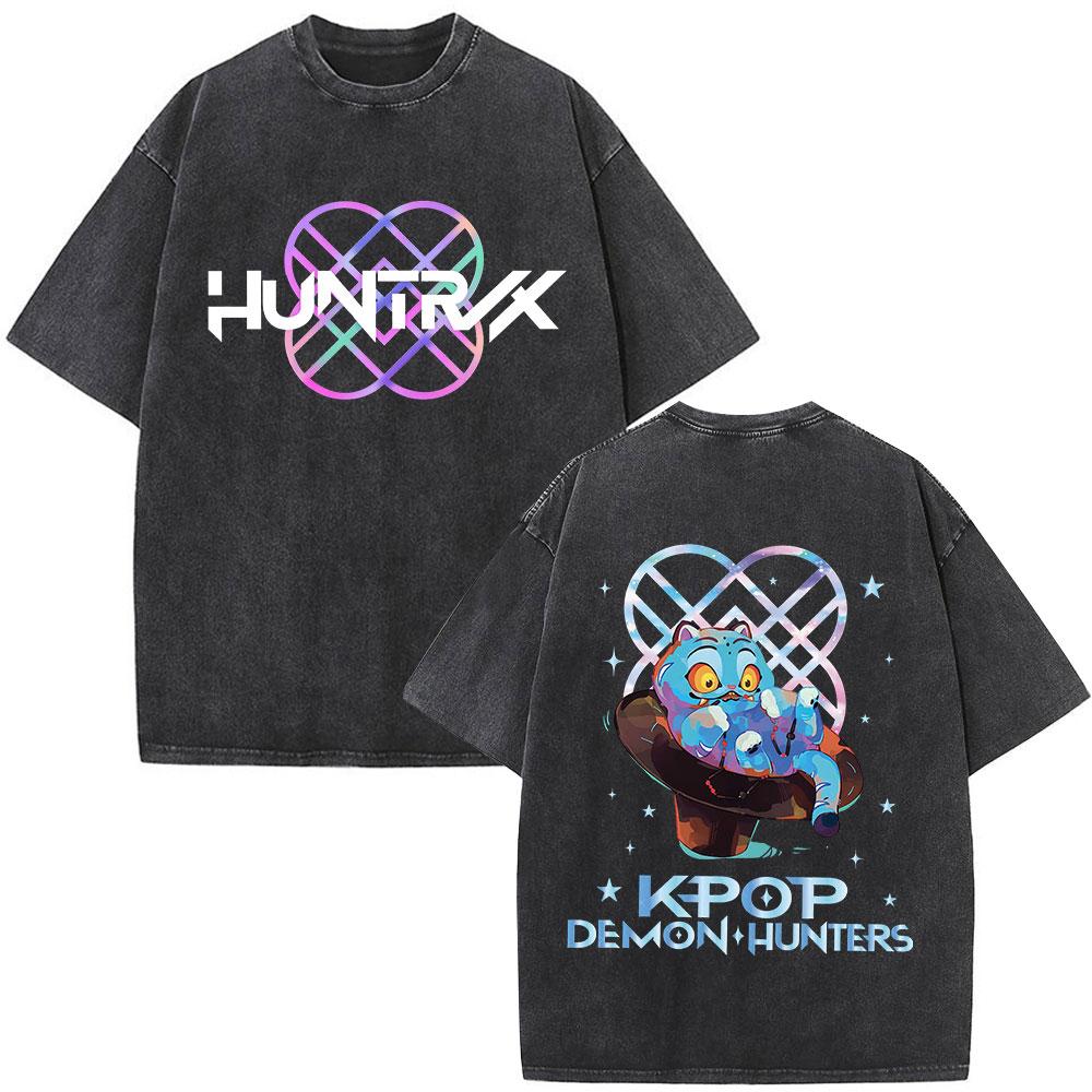 KPop Demon Hunters Vintage Washed T-shirts Rumi Mira Zoey Cartoon T-shirt Men Women Casual TShirt O-collar Halloween Tee