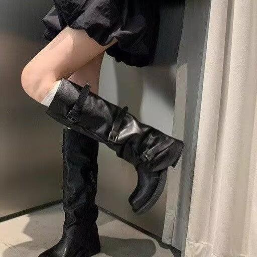 Verze z hovězí kůže~ dámské nové podzimní a zimní boty na platformě se zvýšenou vnitřní výškou, boty s trubkovou holení střední délky, dlouhé jezdecké boty