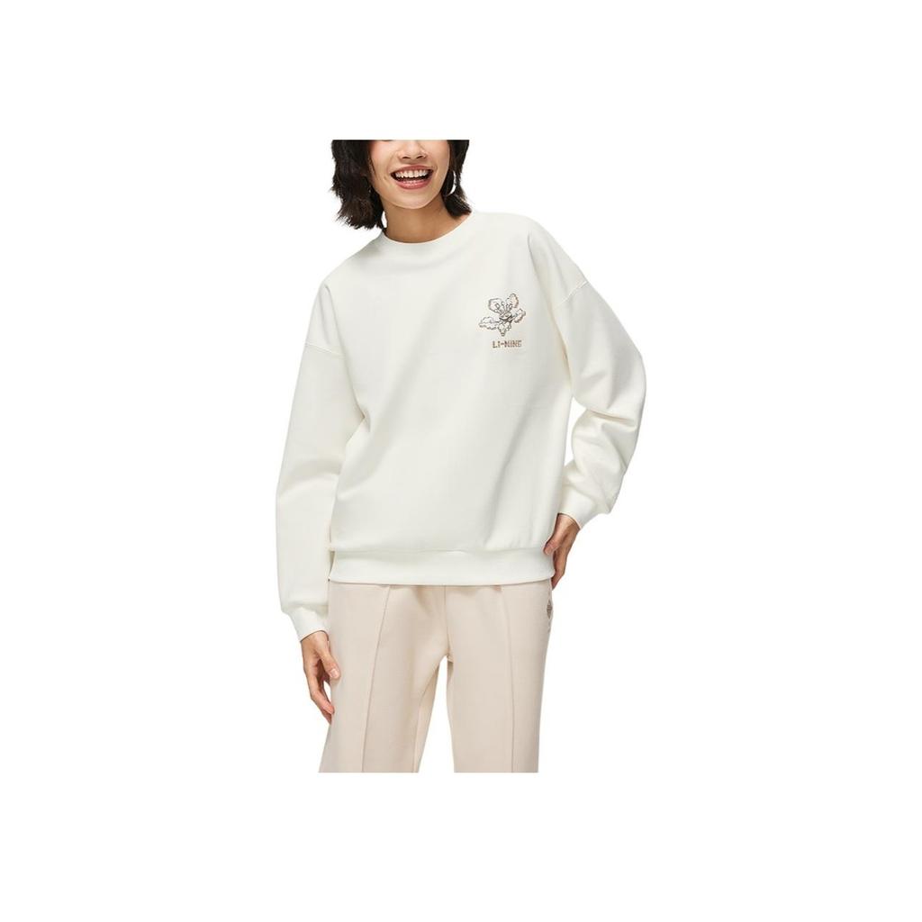 Li Ning Sports Lifestyle Series Letter Print Crew Neck Pullover Fleece Long Sleeve Sweatshirt Women Sweatshirt Off-White AWDT762-4