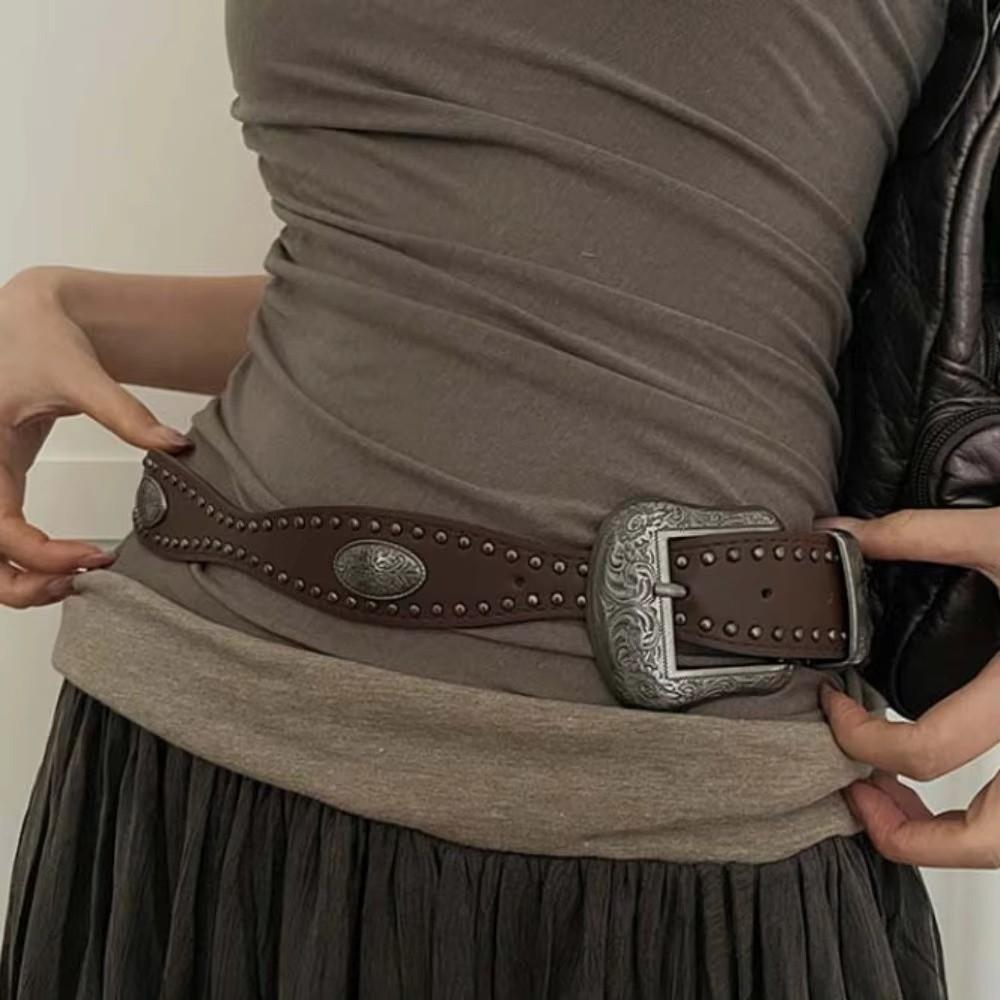 Y2K Black Belt Waist Seal American Style Leather Wide Belt New Rivet Belt Gifts