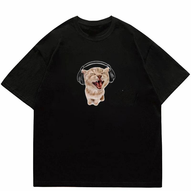 Top Style Noble Cat Love Music T-shirt Cute Cat Print Short Sleeve T-shirt Men's Harajuku Fashion Couple Loose Street Style Y2K