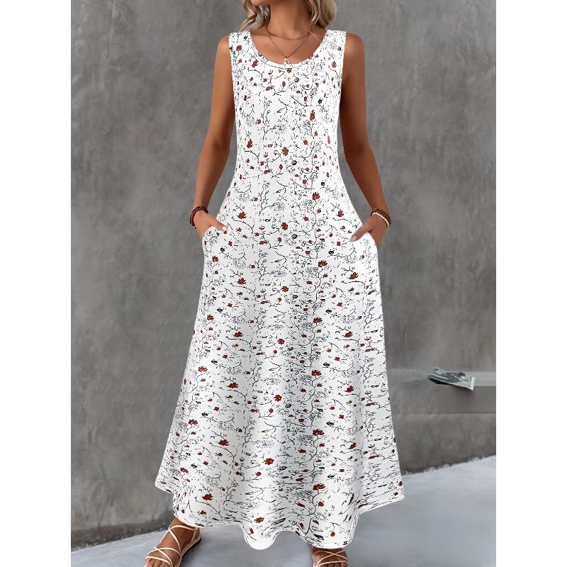 JKASHDK Women's Fashion Summer Spring Flower Pattern Print Sleeveless O-Neck Loose Waistline Casual Dresses