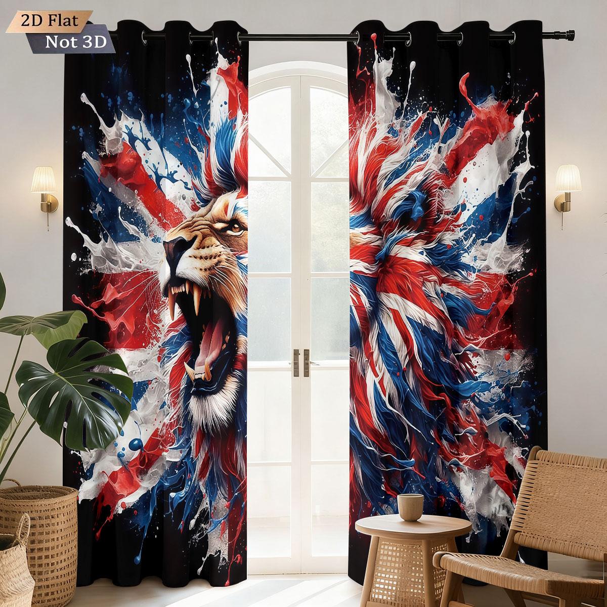 

Set Of 2 Ferocious Lion Animal Print Perforated Curtains Multiple Sizes Living Room Bedroom Insulation Decoration Curtain Darkening Polyester Ideal W100*H70(CM)-Rod Pocket&2PCS