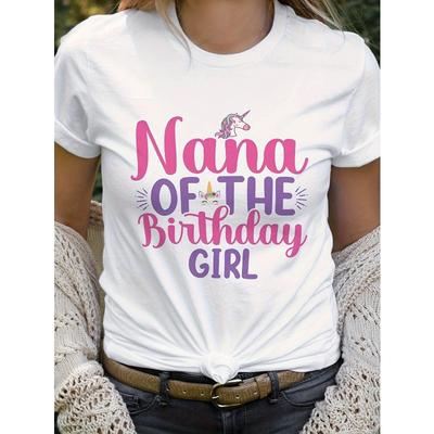 Damen Nana vom Geburtstag Einhorn T-Shirt Rundhals Weich Kurzarm Lässig Frühling Sommer Herbst Maschinenwaschbar Lustiges Grafik-Geschenk Oberteil