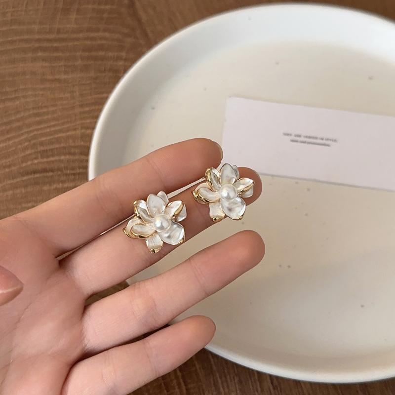 Koreanische Imitation Perlen Öl Tropfen Blume Steckerohrringe für Damen Elegante Metall Blütenblatt Ohrringe Mode Party Date Zirkon Geschenke