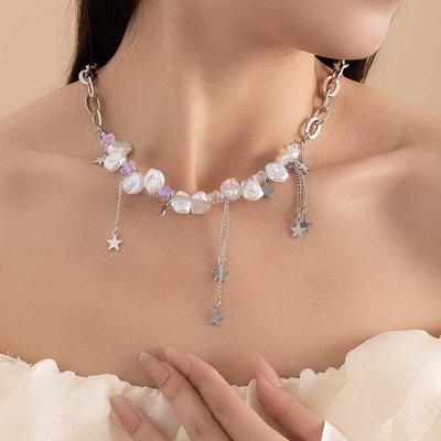 Elegant Fashion Pearl Star Fringed Necklace Light Luxury Niche Design Temperament Sweet Cool High Sense Collarbone Chain Woman