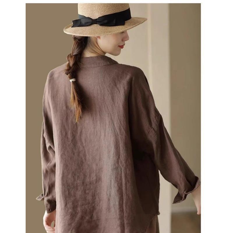 Chemise Polo Manches Longues Vintage en Coton et Lin pour Femme Blouse Décontractée
