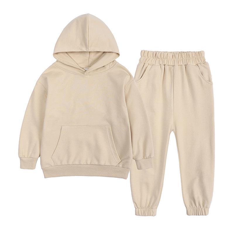 Children's Solid Color Hooded Long Sleeve Top and Pants Set for Medium and Large Boys and Girls - Trendy Autumn Clothing