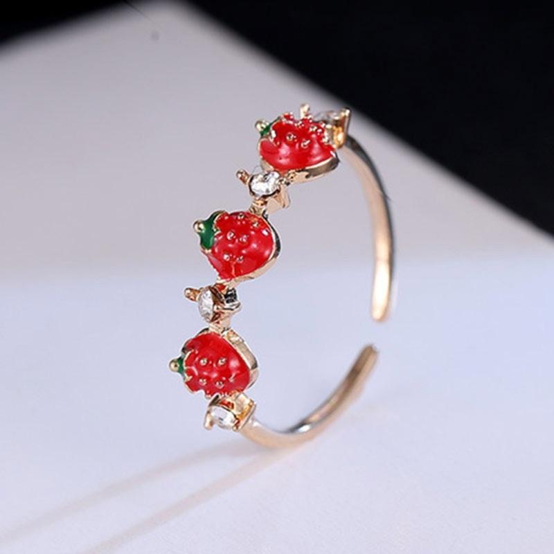 Adjustable Opening Strawberry Design Fashion Ring With Sparkling Cubic Zirconia Stones Versatile Stackable Jewelry For Daily Occasions