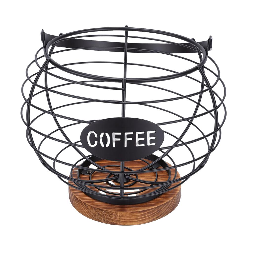 Coffee Pod Holder Organizer Metal Grid Coffee Pod Storage Basket with Wooden Base for Kitchen Counter Desktop
