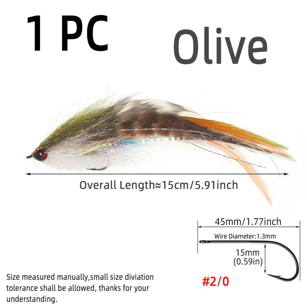 1PC #2/0 Big Streamer Saltwater Fly Grizzly Hackle Big Game Flies Salmon Bass Pike Trout Chub Fishing Artificial Lure Baits