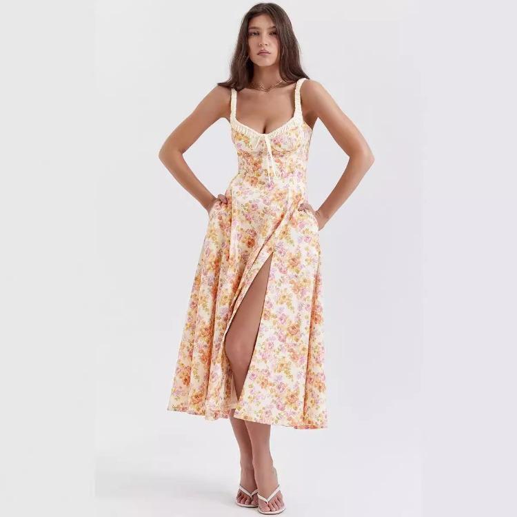 

Women Fashion High Waist V Neck Backless Spaghetti Strap Print Ankle Length Trendy Design Dress XL помаранчевий