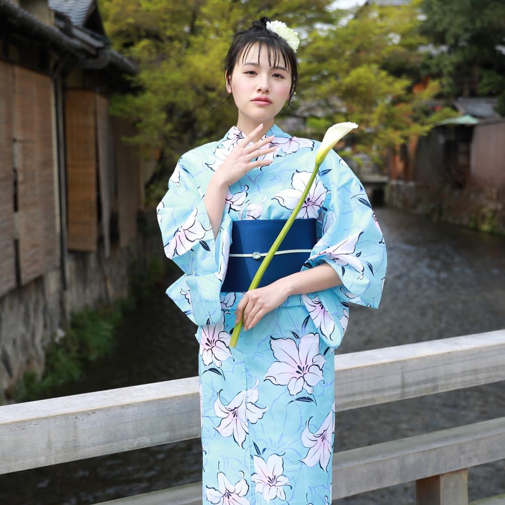 Yukata Crin alb pe albastru deschis 3 piese Tokimeki Koi Yukata albastru deschis [Piesă strălucitoare] Set, fundal, set pentru femei,