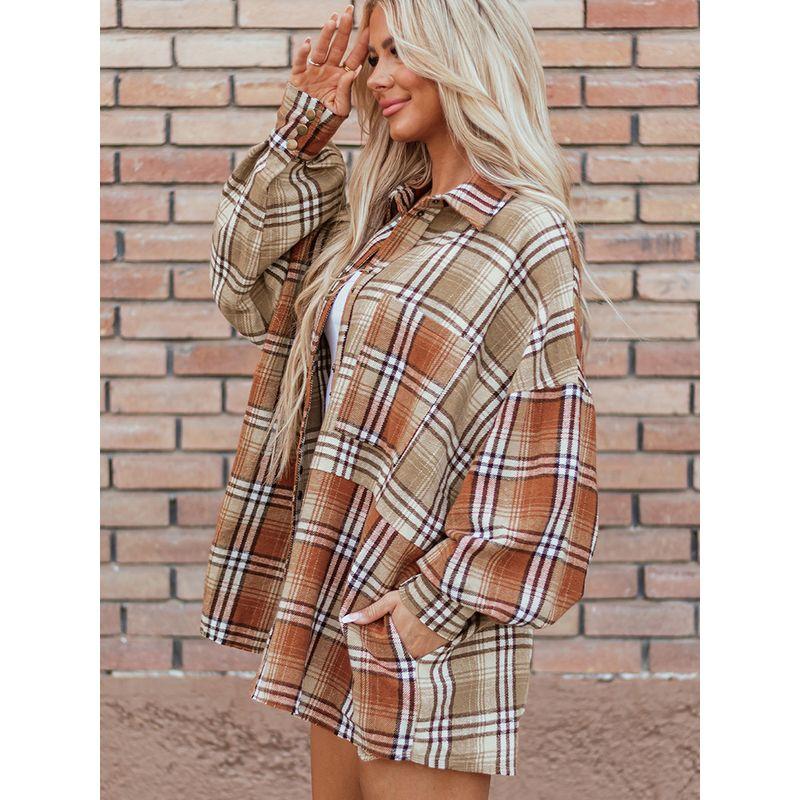 2025 Autumn New Plaid Color Matching Shirt Outerwear Women European and American Leisure Loose Mid-Length Single-Breasted Shirt