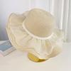 Beach Hat Natural High-Density Straw Fabric Sun Protection Wide Brim Dome Design Sun Hat Lace Bow Faux Pearls Decor Summer Hat