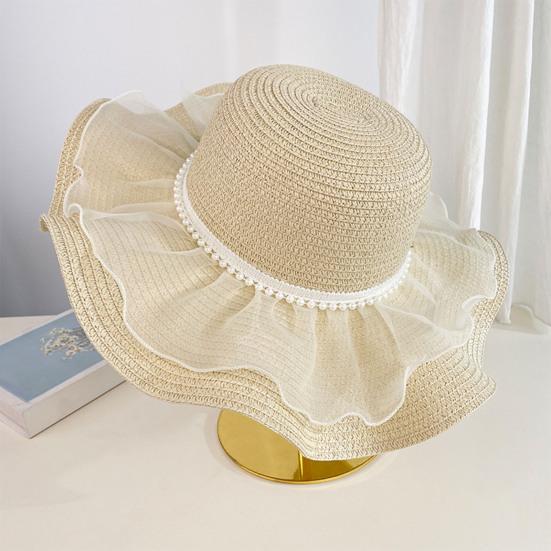 Beach Hat Natural High-Density Straw Fabric Sun Protection Wide Brim Dome Design Sun Hat Lace Bow Faux Pearls Decor Summer Hat