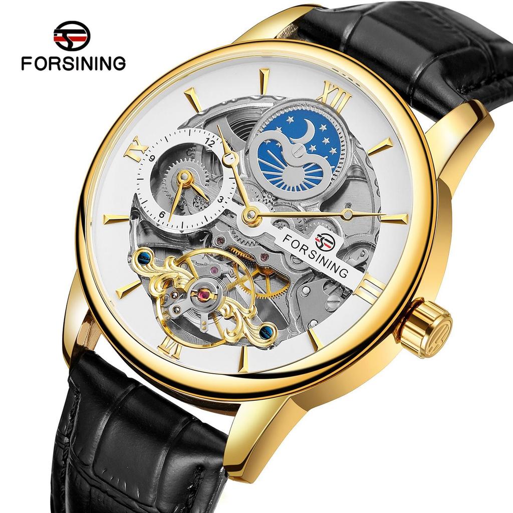 FORSINING Men's Luxury Automatic Mechanical Watch Leather Strap Automatic Tourbillon Hollow Mechanical Watch