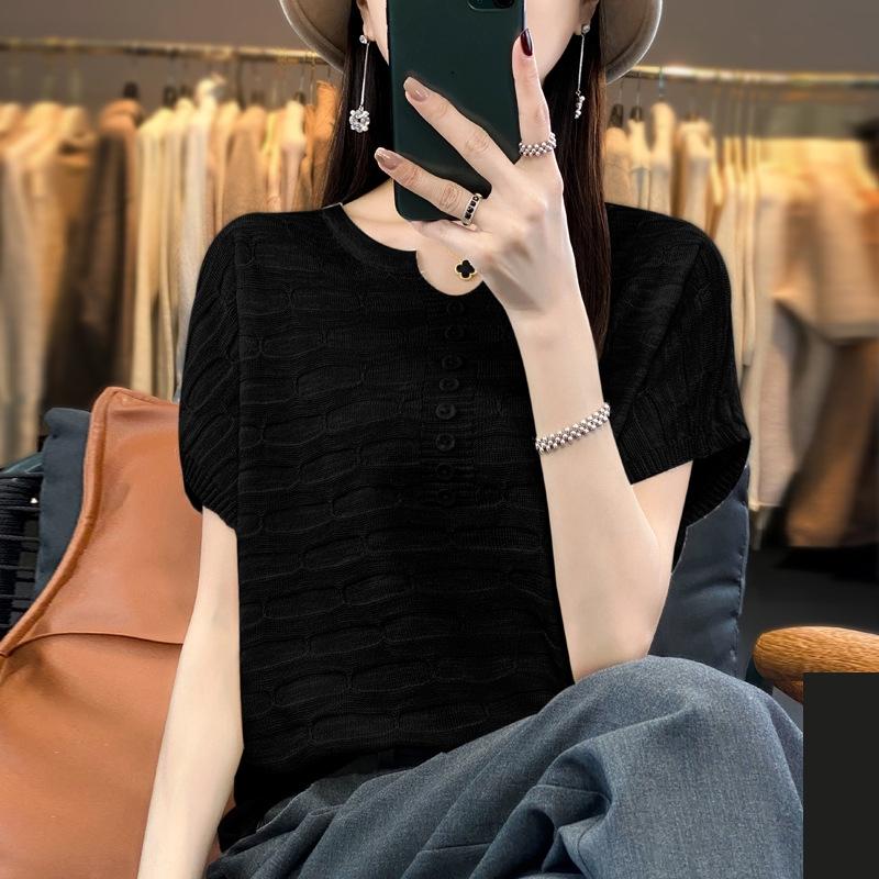 GMXIA Linen Ice Silk Top, Solid Color Knitted Sweater, Summer Slimming, Large Size, Round Neck, Thin Sheer Mesh