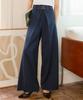 Kobe Lettuce Long Pants with Front High and Perfect for Work and Summer Wear Navy Women's Wide-leg Hooks, Waist, Tucks, [M4211] Medium,