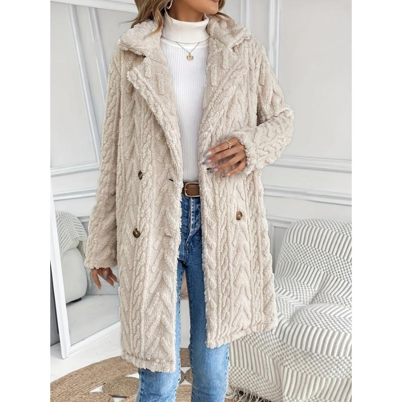 Women Double Sided Fleece Double Breasted Pockets Mid Long Casual Cardigan Coat