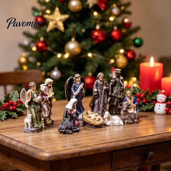 Indoor Creche Display 11 Pcs Christmas Nativity Scene Set, Resin Mini Figurines Tabletop Decor, Centerpieces Holy Family Angel Shepherd Animals