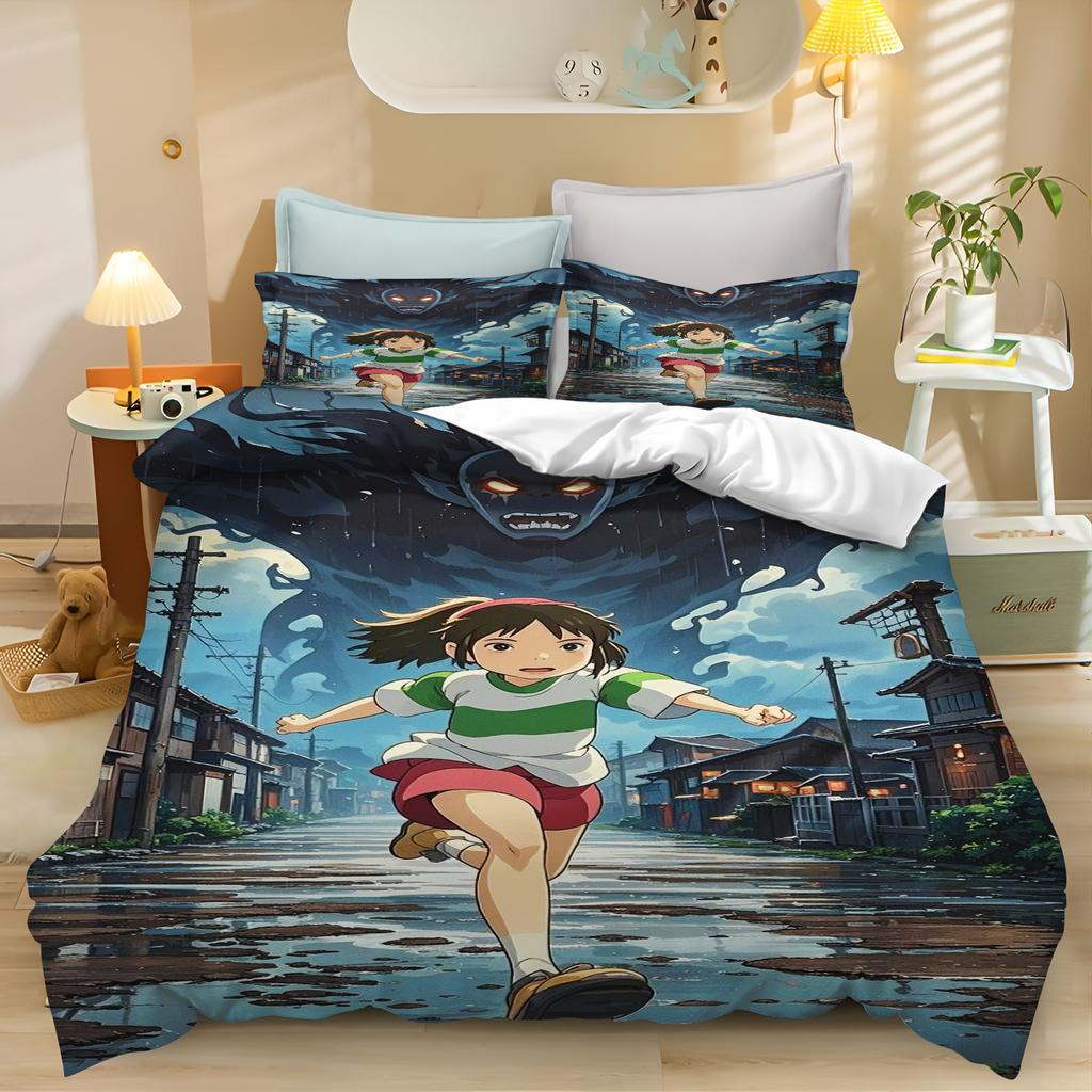 Set Biancheria da Letto La Città Incantata, Copripiumino Carino con Stampa Anime con Federe, Biancheria da Letto Morbida in Microfibra per Camera da Letto dei Bambini Decorazioni per la Casa