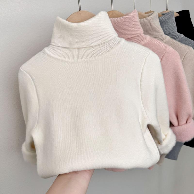 Girls Thick Fleece Lined High Neck Knitted Sweater Kids Winter Warm Bottoming Top