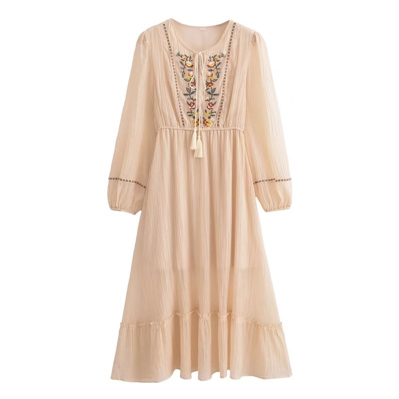 

Kaslead New Arrival Women s Clothing Fashion Style Fashion Casual Minimalist Embroidery Tie-Neck Long Dress Meters apricot L