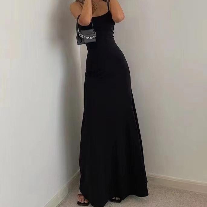 Spice Girl Solid Color High Waist Suspender Dress Women's Summer New Waist Skinny Shoulder Shoulder Inside Bottom Knee Dress
