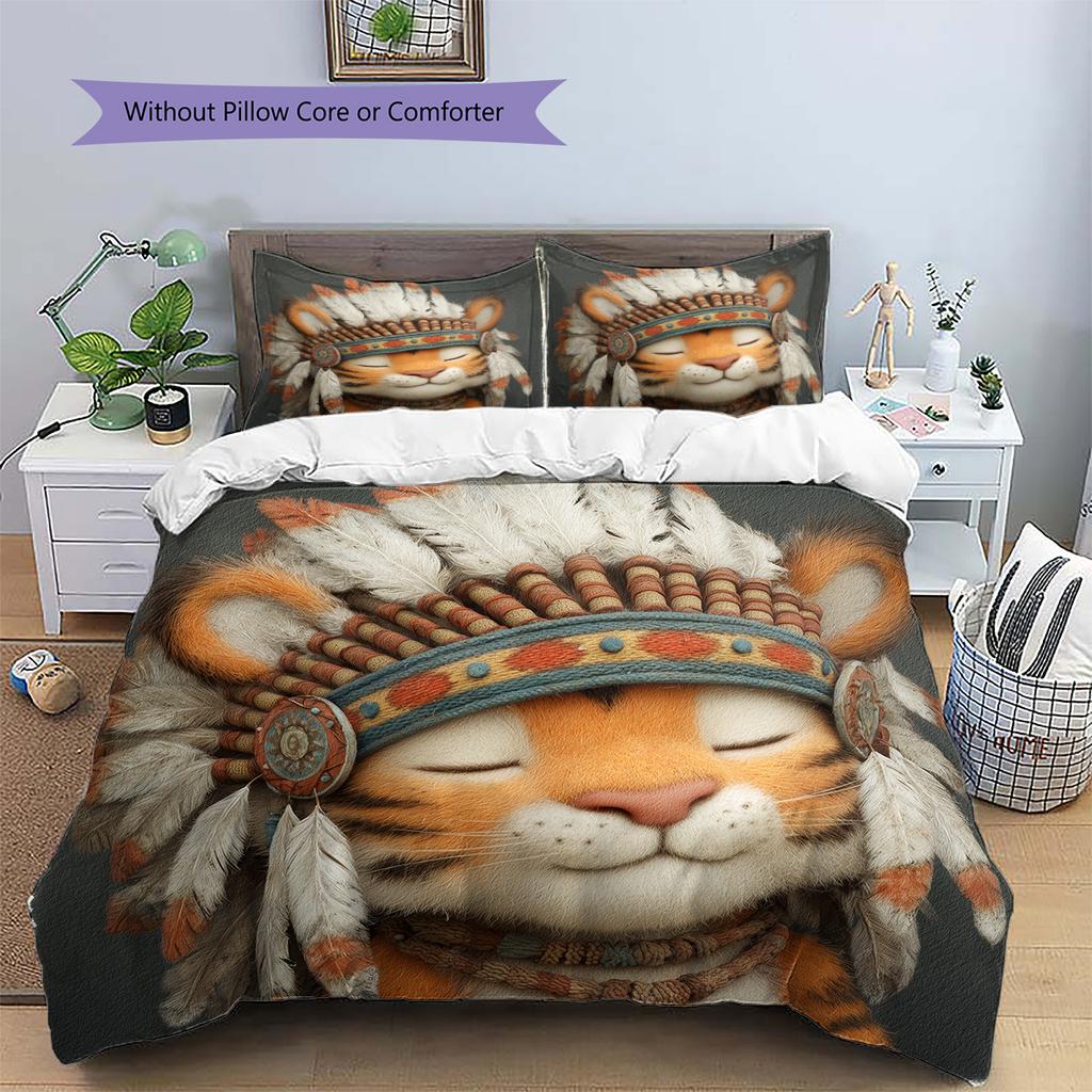 Animal In Indian Attire Pattern Bedding Quilt Set Home Decoration Gift (1 * Duvet Cover + 2 * Pillowcase, Without Core)